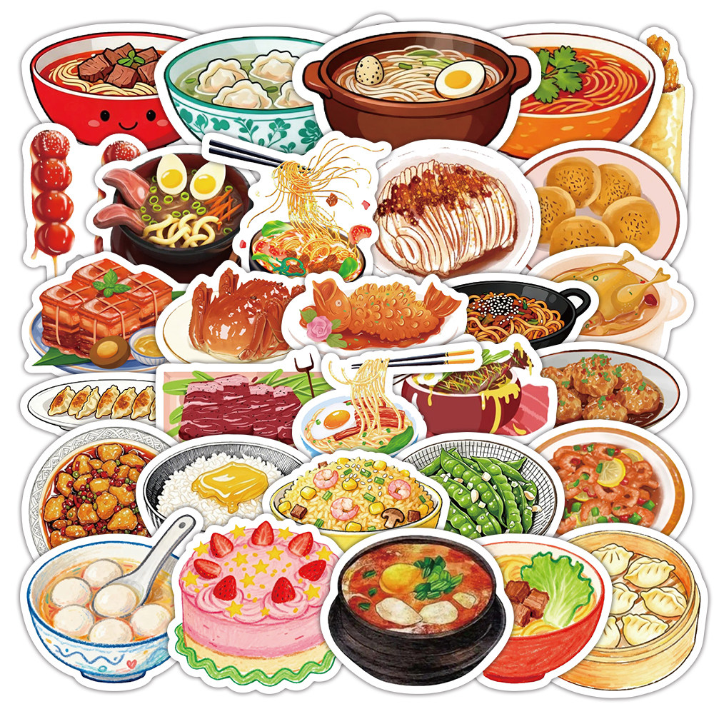 72张风味美食贴纸国风家宴日常菜品diy素材装饰手账行李箱标签贴