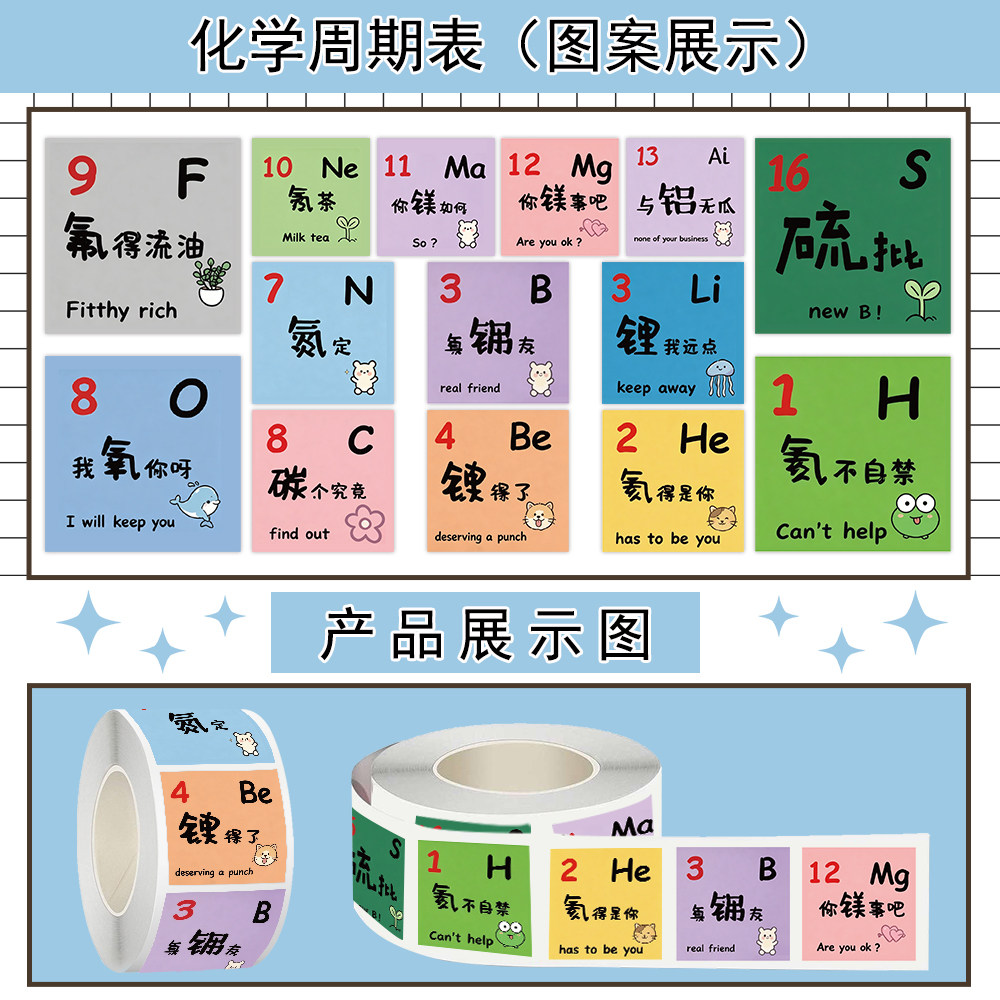 500张化学周期表卷卷贴纸卡通小图案趣味梗图diy手账装饰标签贴画