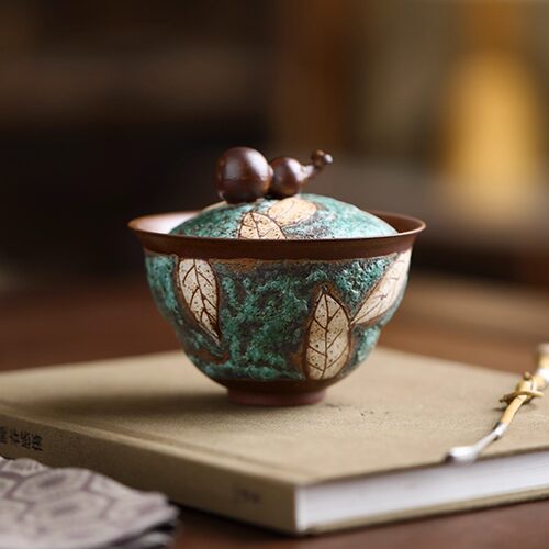 老岩泥绿松石刻绘葫芦盖碗粗陶器