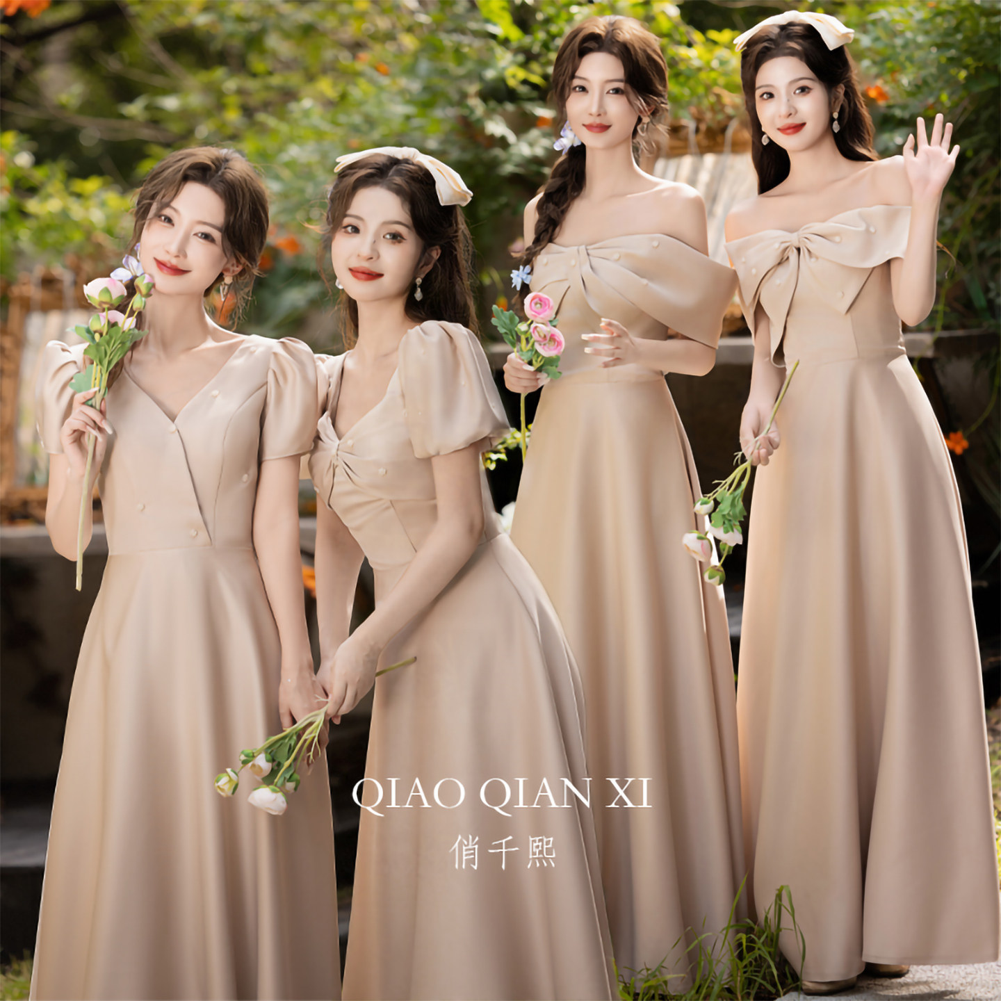 俏千熙香槟色缎面伴娘服夏季礼服图片