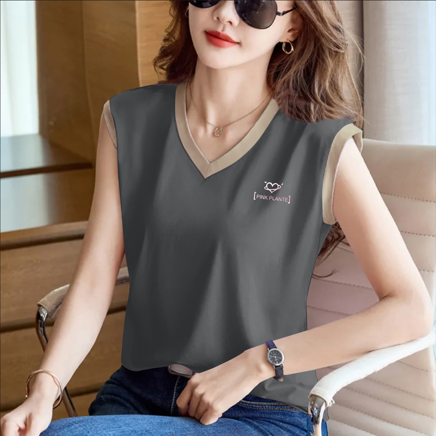 外贸折扣店正品女装纯棉时尚V领撞色t恤夏装百搭显瘦休闲无袖上衣,女装/女士精品,大码内搭,淘宝优惠券,粉丝福利购,淘宝优惠卷