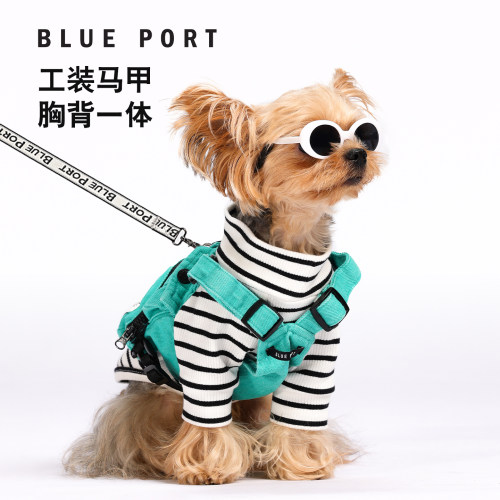 BluePort中小型犬狗户外衣服可牵引牛仔工装马甲胸背衣背心约克夏