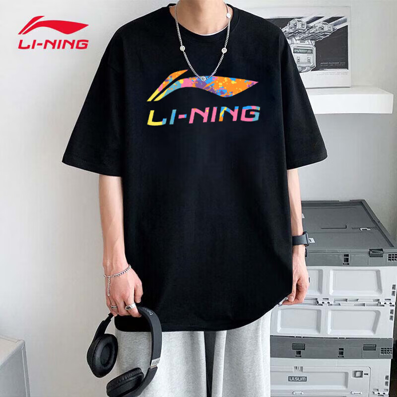 李宁宽松纯棉透气大LOGO短袖t恤