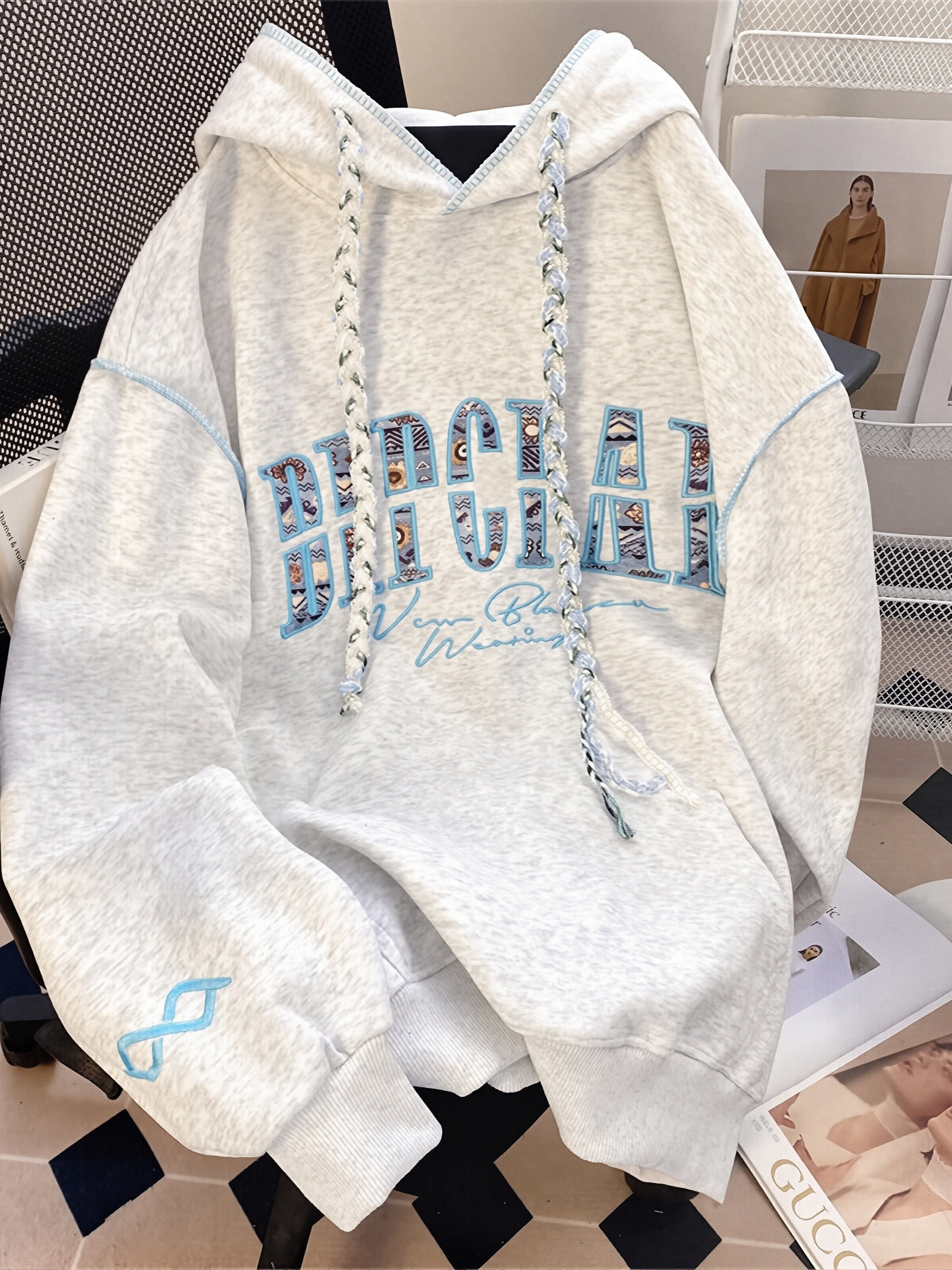 字母刺绣潮牌连帽卫衣女秋冬加绒加厚宽松休闲设计感小众美式外套