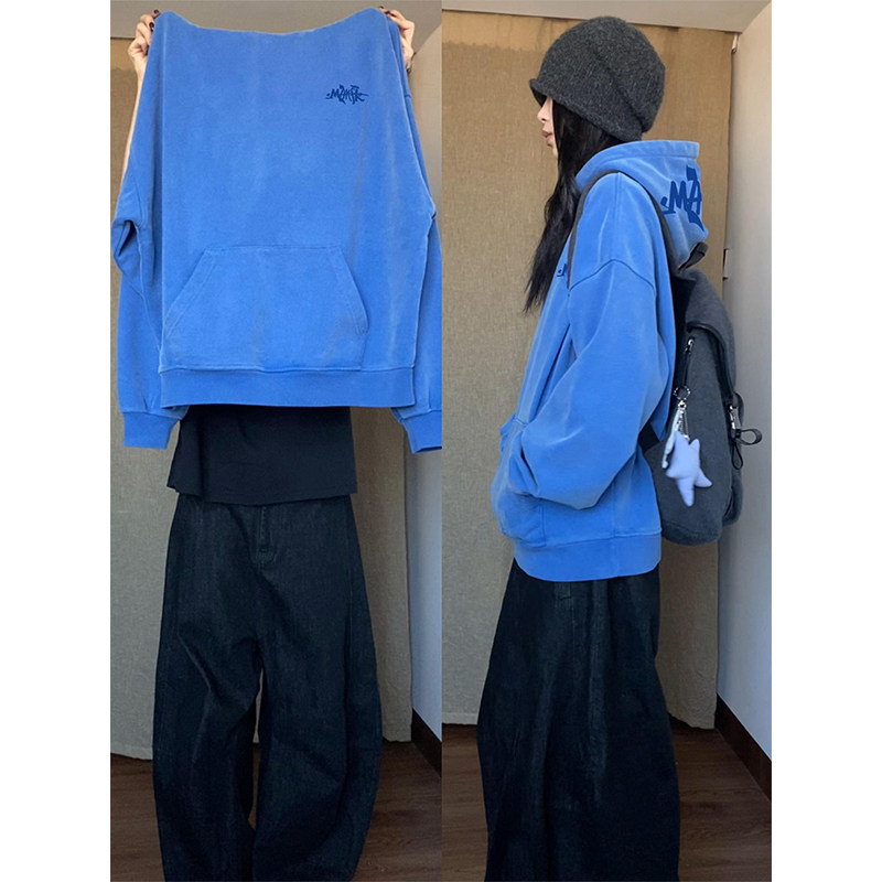 重磅蓝色连帽卫衣女秋冬加绒加厚美式复古休闲宽松慵懒风潮牌外套