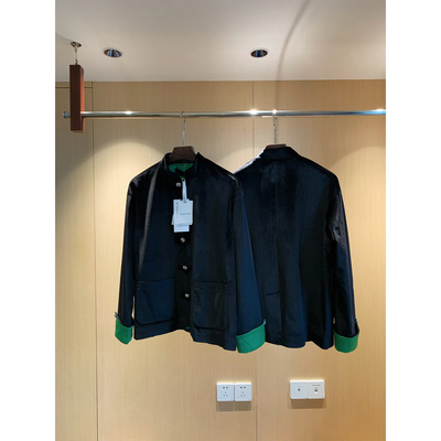 正品现货黑绿丝绒拼接唐装夹克