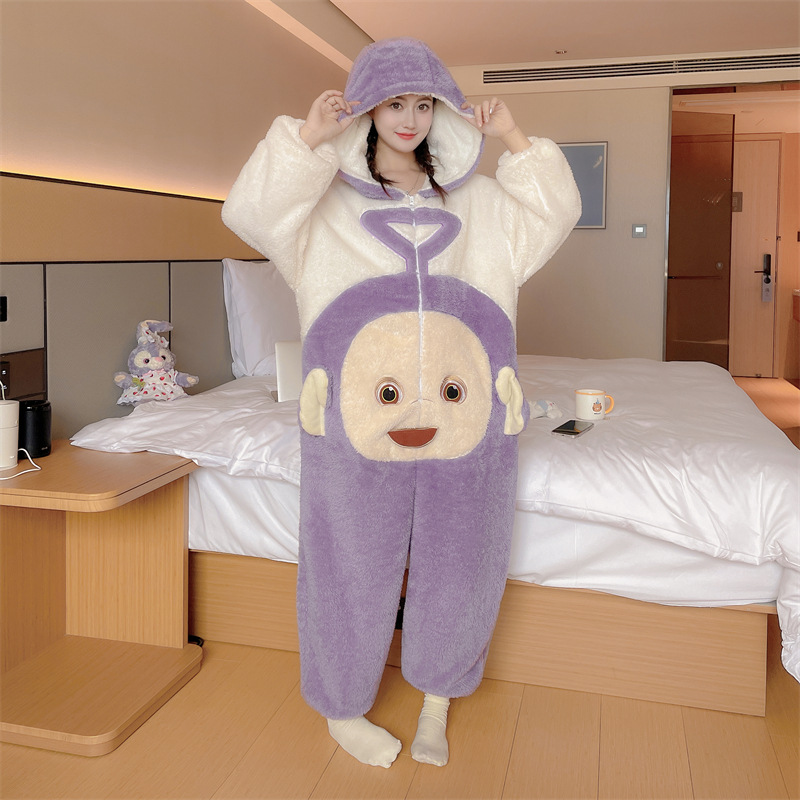 天线宝宝连体睡衣结婚晨袍女冬季卡通可爱珊瑚绒加绒加厚家居服男