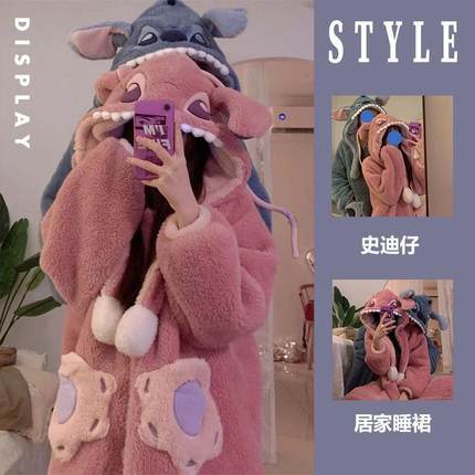 2025新款史迪仔睡衣情侣睡袍可爱卡通家居服珊瑚绒女款秋冬季少女