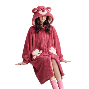 草莓熊睡衣女款秋冬季珊瑚绒睡袍加绒加厚可爱连帽家居服女浴袍冬