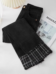 黑色直筒烟管牛仔裤女2024春季新款高腰窄版九分裤