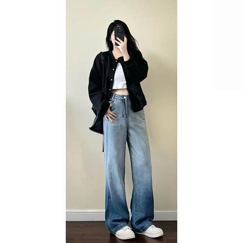 靓丽阁大新款渐变色窄版直筒裤女胖妹妹mm美式复古宽松垂感阔腿裤