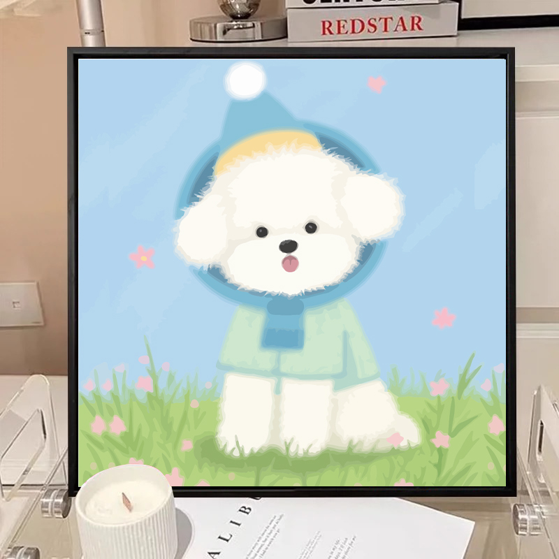 可爱狗狗比熊卡通治愈油彩画装饰