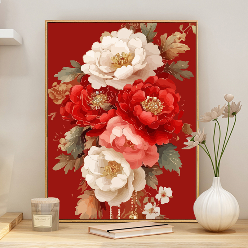 中国风牡丹数字油画diy填充填色手工丙烯涂色花卉装饰画打发时间图片