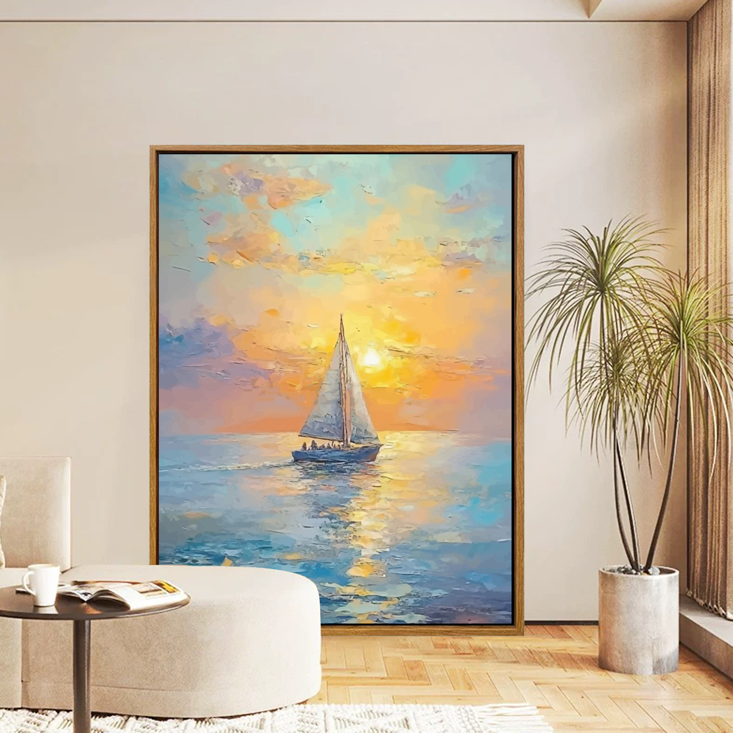 莫奈一帆风顺数字油画diy手工填涂色丙烯画奶油风客厅玄关装饰画图片