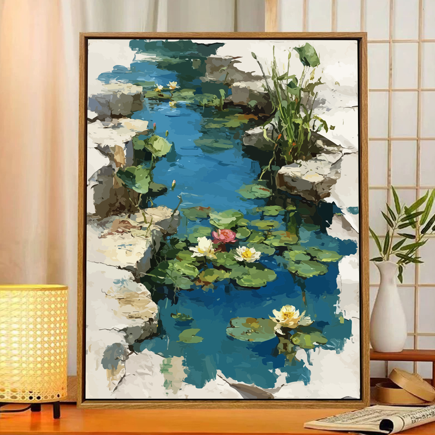 水中花印象派diy数字油画荷花卉手工填色涂色丙烯装饰画打发时间图片