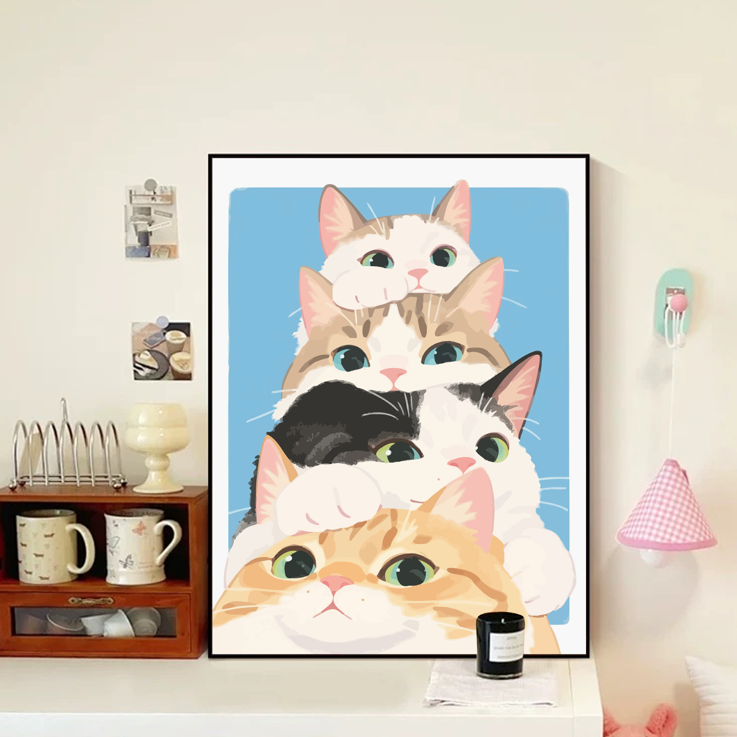 卡通猫咪叠叠乐数字油画diy手绘丙烯填充填色手工涂色客厅装饰画图片