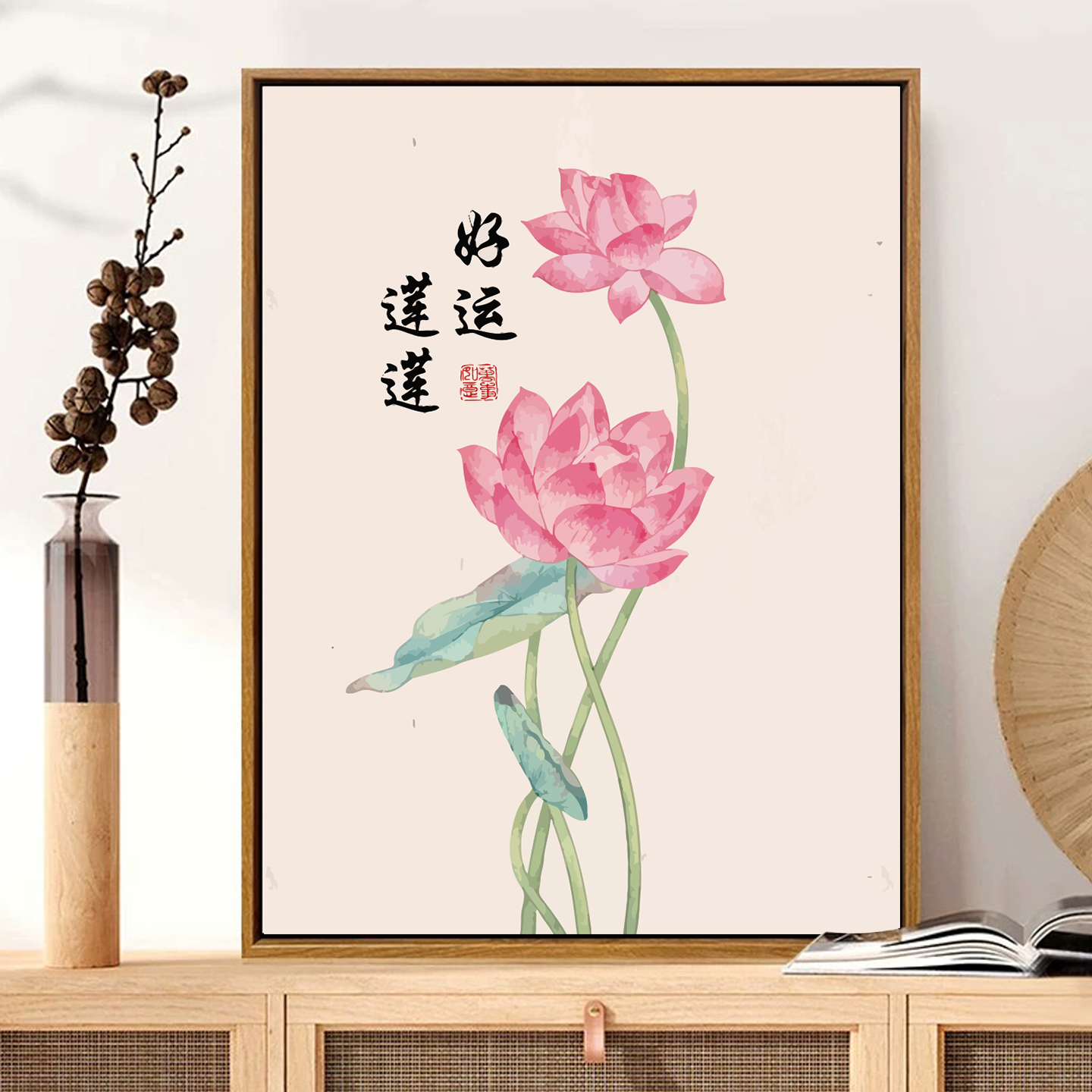 好运莲莲荷花手绘diy数字油画填色涂色丙烯画客厅摆件油彩装饰画图片