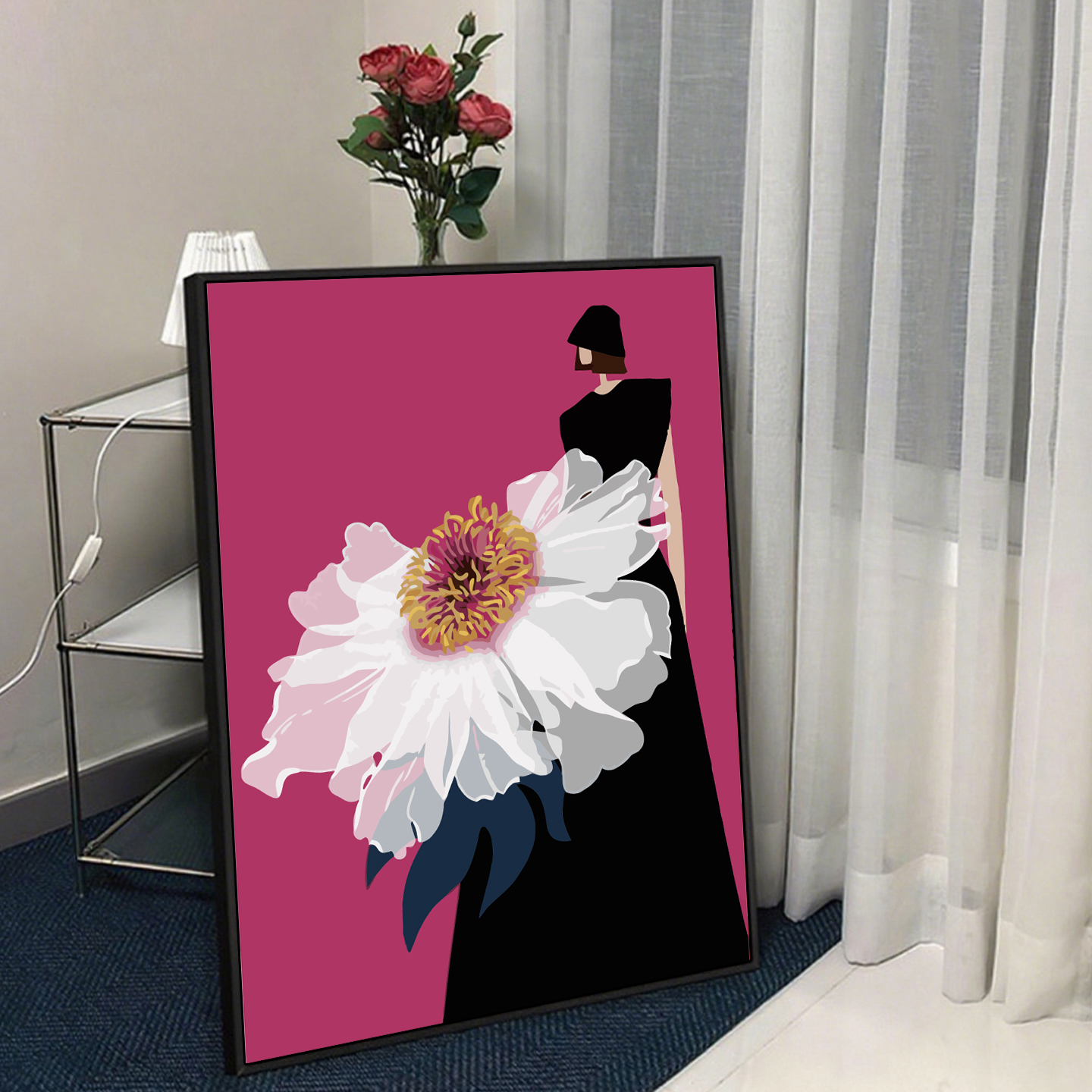 数字油画小众高级感花卉女孩diy手工绘填充色丙烯客厅玄关装饰画图片