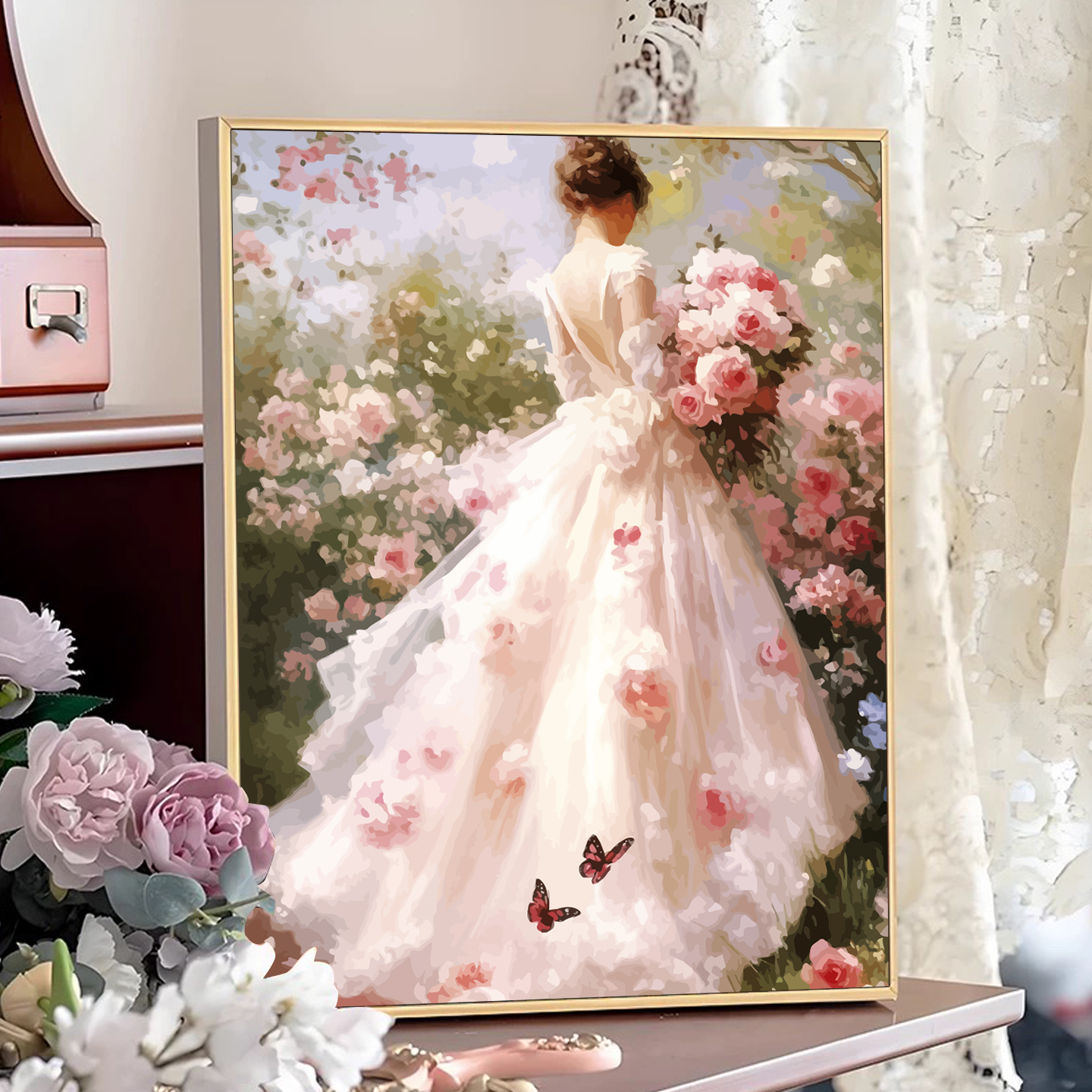 玫瑰花少女数字油画DIY唯美婚纱手绘丙烯填色解压油彩客厅装饰画图片