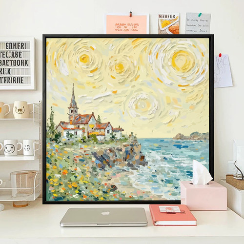 海边小镇梵高艺术丙烯画diy填色