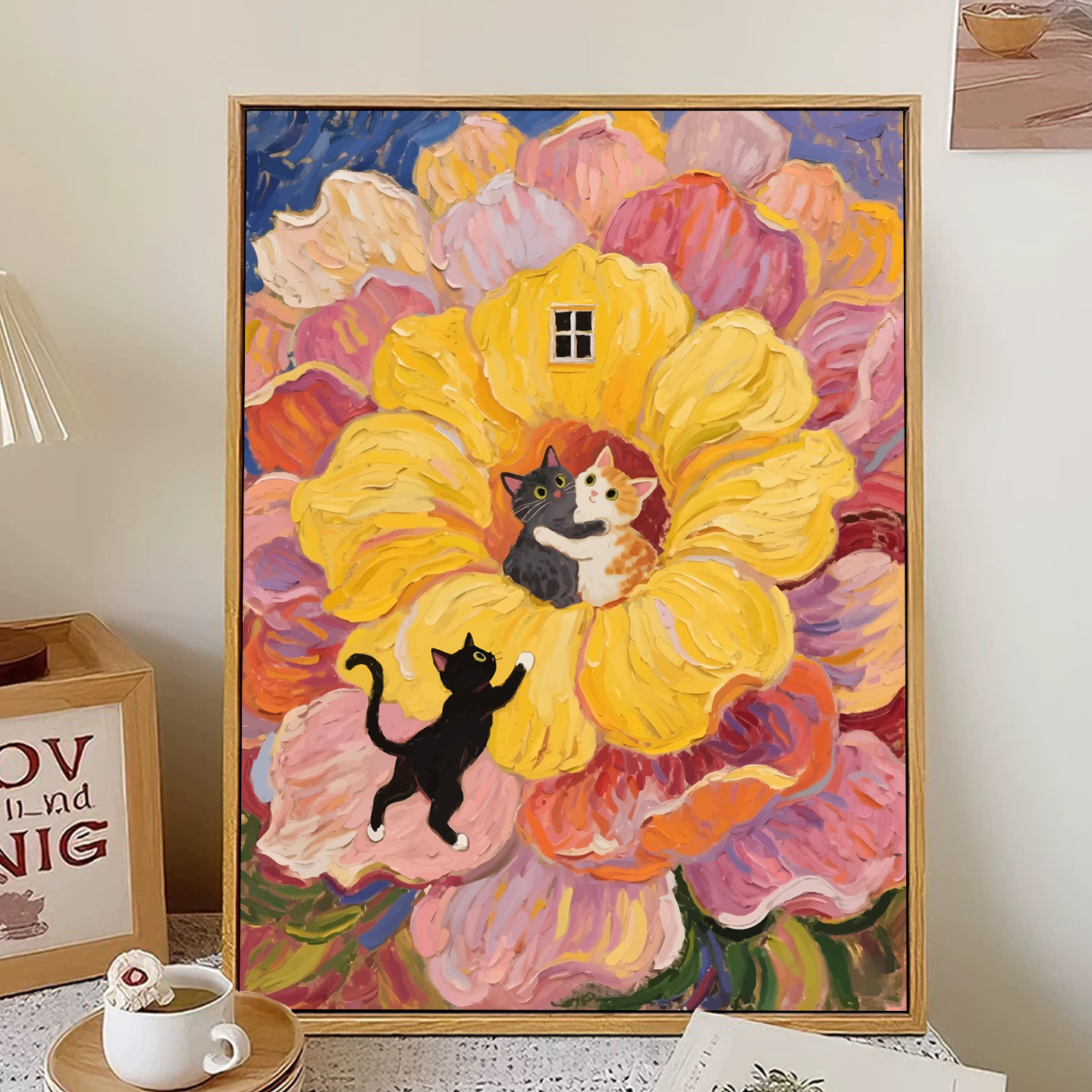 印象派花朵猫咪数字油画填色diy手工填充丙烯画客厅沙发背景装饰图片