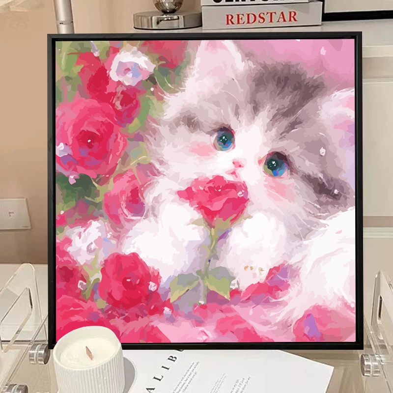 玫瑰猫咪数字油画diy手工丙烯填充填色手绘画画卡通可爱装饰挂画图片