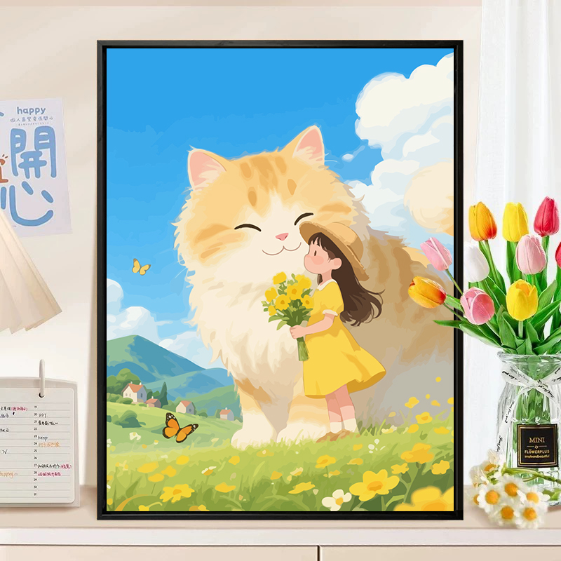 宫崎骏少女和猫diy数字油画卡通丙烯涂色填充填色手工客厅装饰画图片