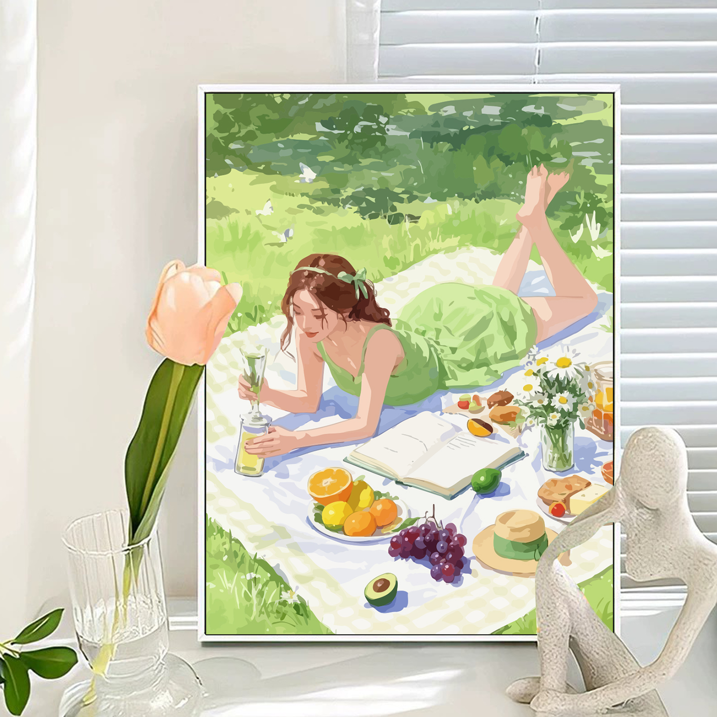 橄榄绿裙摆女孩diy数字油画人物手绘涂色填色客厅摆件装饰丙烯画图片