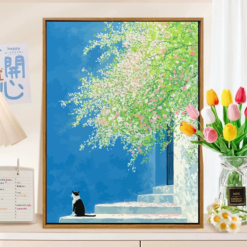 猫与春 数字油画diy填充填色画手工丙烯涂色解闷卡通风景装饰挂画图片