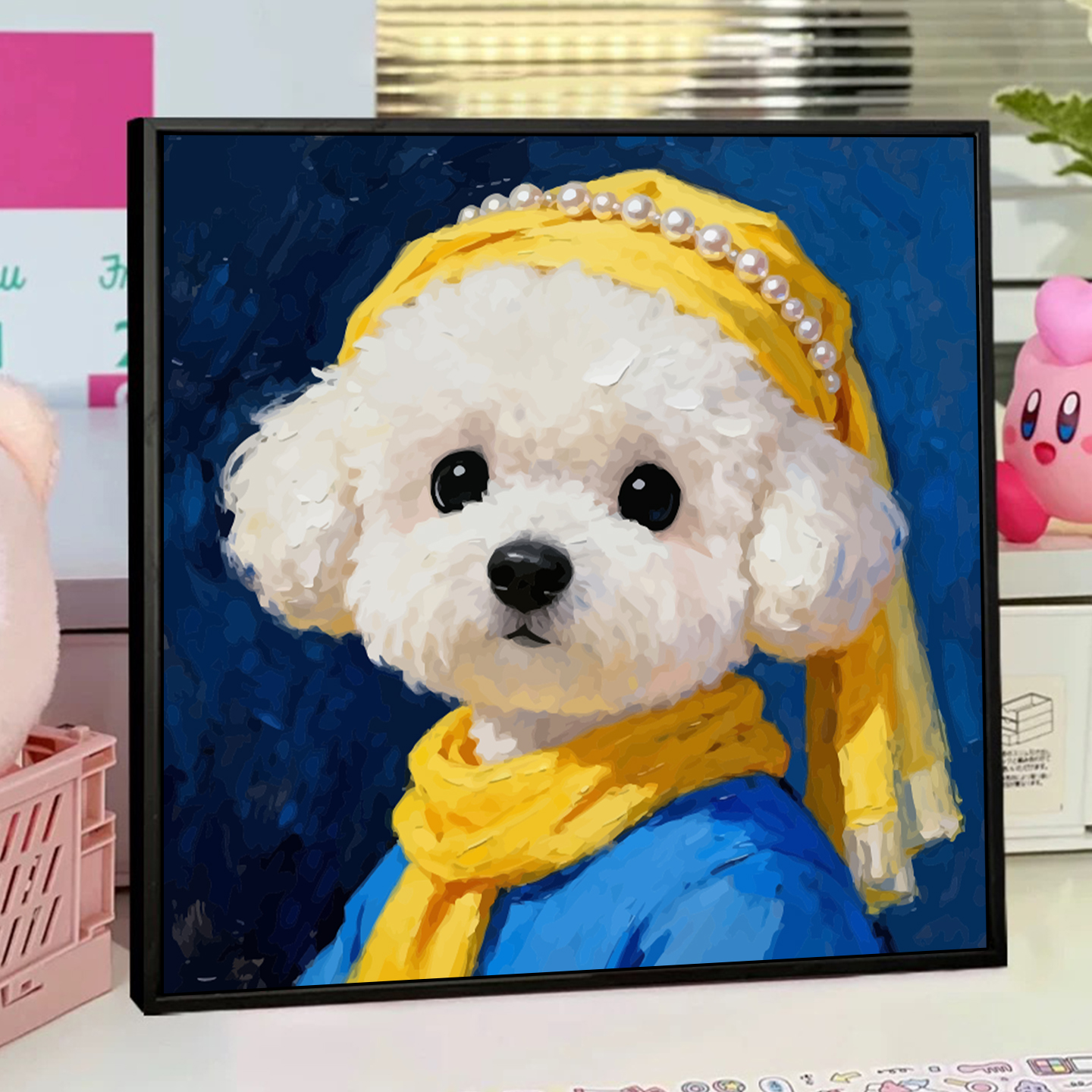 戴珍珠耳环的萌宠创意名画数字油画diy手绘填充丙烯客厅摆件装饰图片