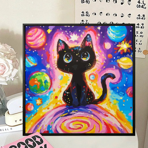 卡通星际猫咪丙烯涂色画梵高装饰