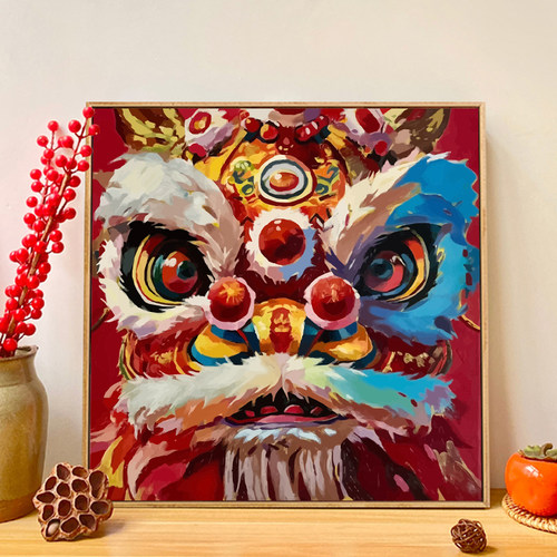 丙烯中国风醒狮数字油画新年油画