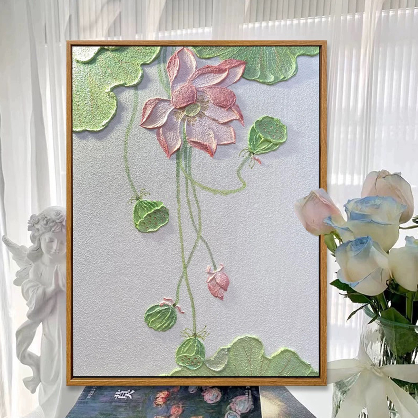 好运莲莲石英砂diy数字油画荷花肌理画全套工具手绘填色装饰挂画图片