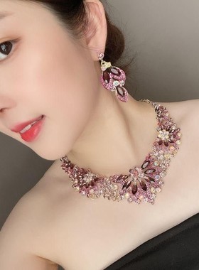 精品奢华彩色花朵水晶钻短锁骨项链耳环套装女新娘晚宴礼服装饰品