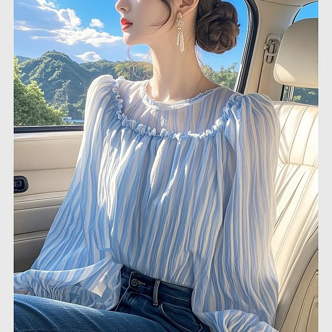 2025早春洋气减龄超好看小众衬衣摩哥鱼元创蓝色竖条纹木耳边上衣