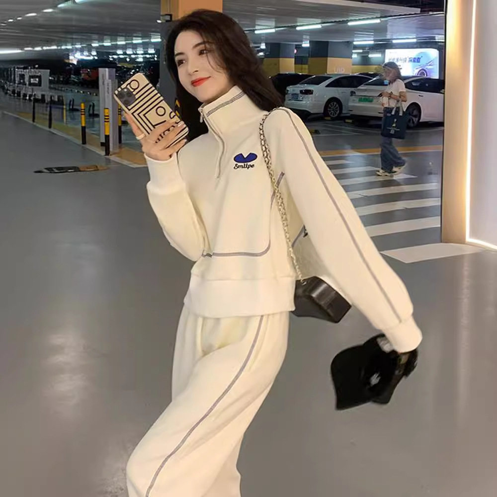 2024年春秋直筒裤休闲运动套装立领半开拉链卫衣卫裤跑步服