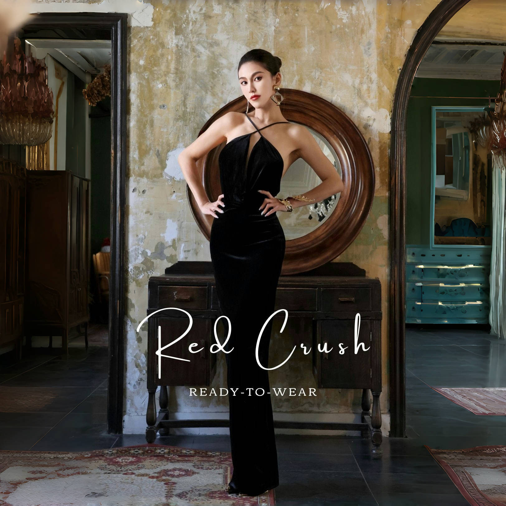 Red Crush 夜色降临 进口黑丝绒交叉绑带露背荡领高开叉吊带长裙,女装/女士精品,连衣裙,淘宝优惠券,粉丝福利购,淘宝优惠卷