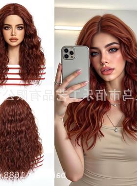 欧美假发橘红色小卷中分全头套化纤女hair玫瑰网帽现货