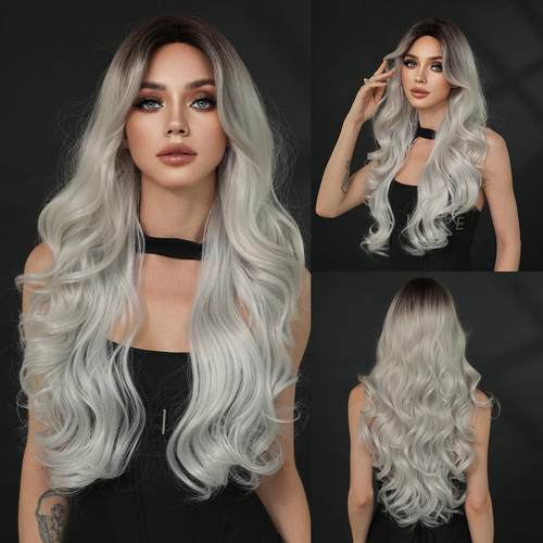 外贸银灰色假发女大波浪长卷发全头套八字刘海暗黑系派对哥特假发