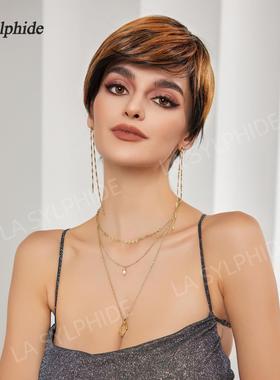 日常气质短发卷发小精灵pixie假发黑色棕色混色机制高温丝全头套