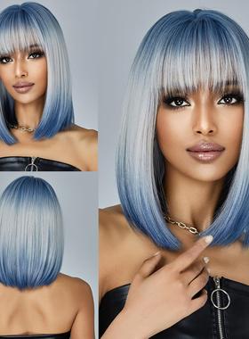 新品假发齐刘海渐变蓝色短直发自然日常高温化纤丝厂家现货wigs