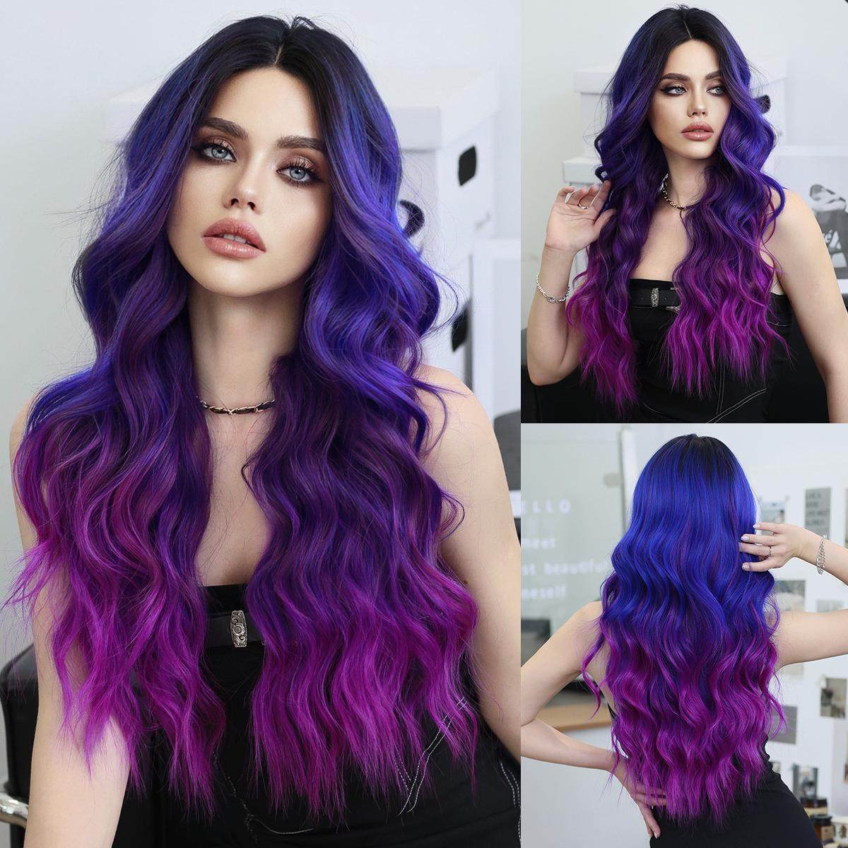 小额蕾丝假发梦幻紫蓝渐变中分波浪卷发化纤全头套Small Lace Wig
