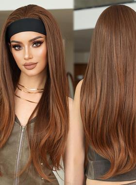 亚裔辣妹风黑色头巾假发女层次直发金棕色全头套蓬松日常佩戴