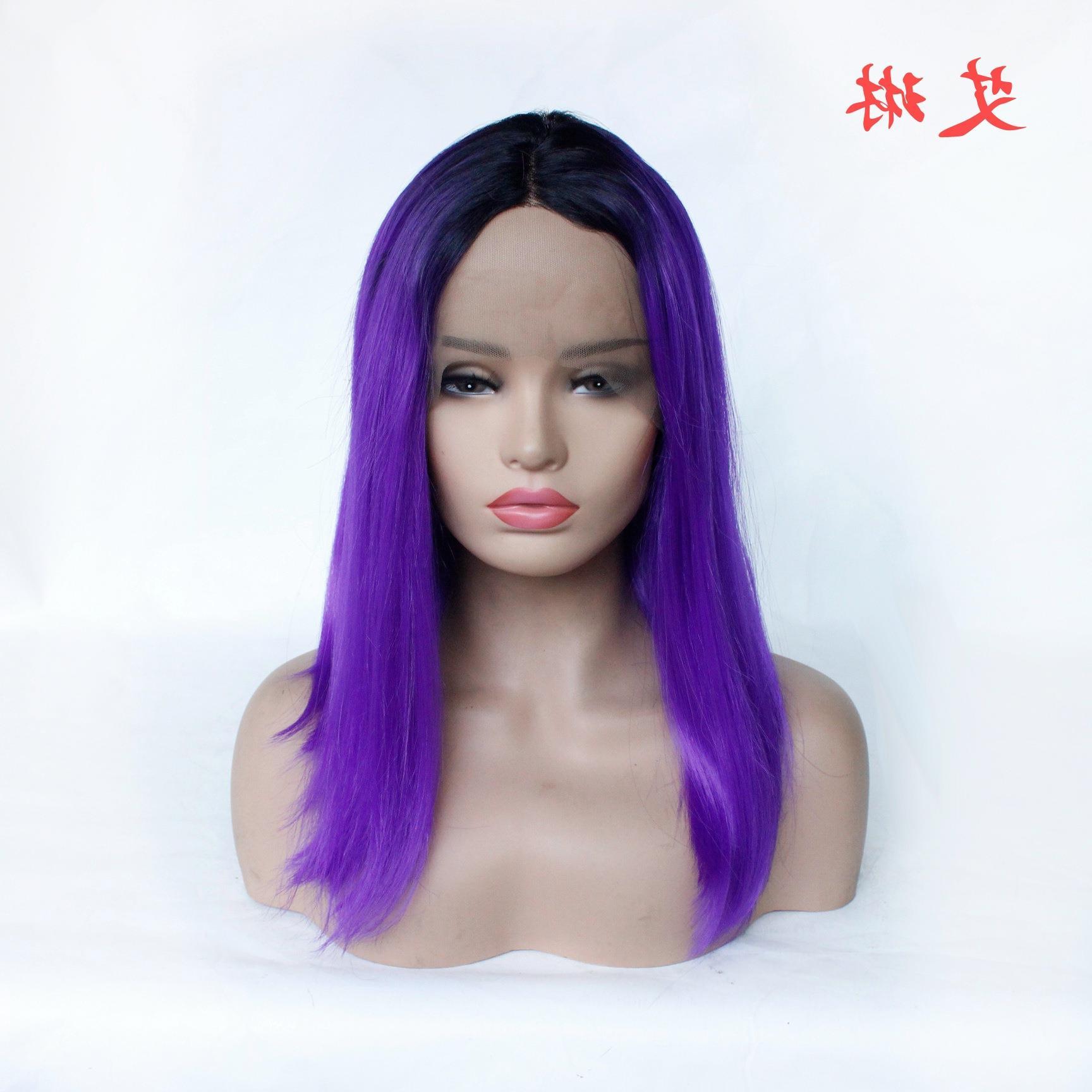 渐变直发化纤前蕾丝假发 女士黑色/紫色中长直发半手织头套