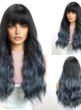 欧美假发女长发大波浪 空气刘海渐变蓝色全头套 哑光高温丝wigs