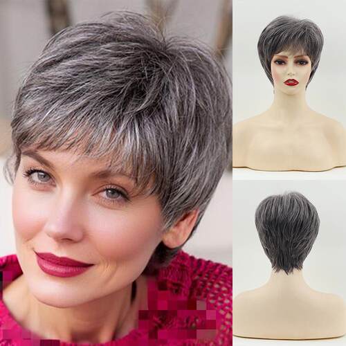wigs  欧美时尚跨境灰色奶奶假发蓬松短直发化纤头套 厂家