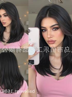 黑色假发16英寸八字刘海层次感长直发欧美热卖现货wigs