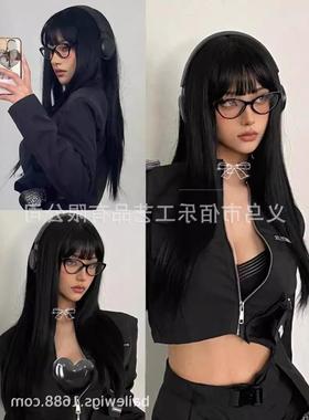 跨境假发黑色齐刘海长直发希音热卖全头套化纤高温丝现货wigs