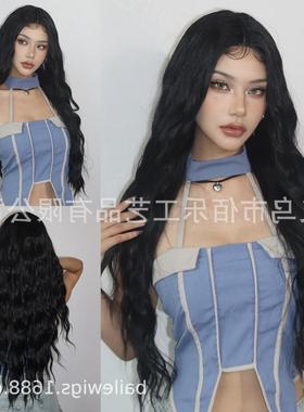 黑色中分小T前蕾丝假发全头套长卷发30inch化纤女头套黑人卷hiar