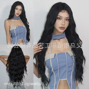 黑色中分小T前蕾丝假发全头套长卷发30inch化纤女头套黑人卷hiar